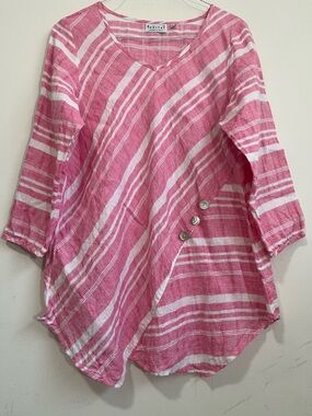 Habitat 100% Linen Tunic Top Sz L Pink White Striped Asymmetrical Hem Coastal